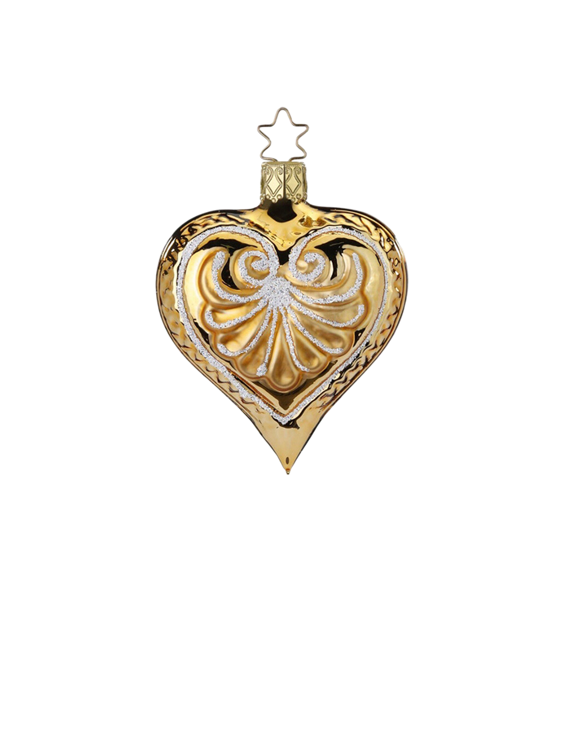 Victorian Heart — Antique gold heart ornament with frosted glitter finish, hand-silvered by Inge-Glas® Germany.