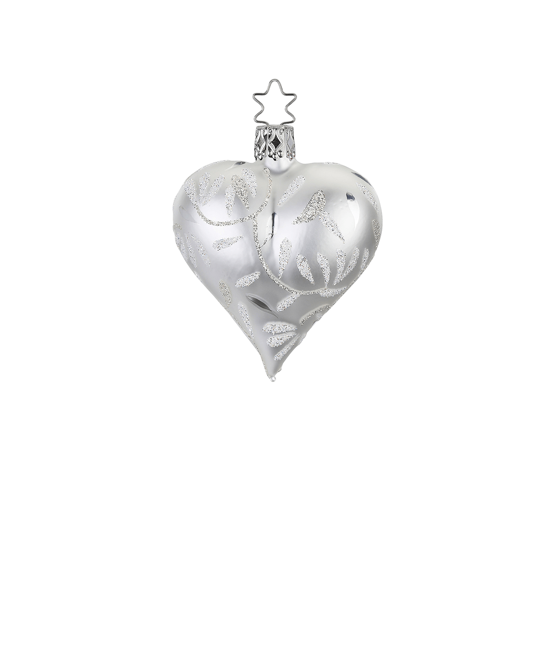 Silver Vine Heart — Silver heart-shaped ornament with hand-painted glitter vine motif, handmade in Lauscha, Germany.