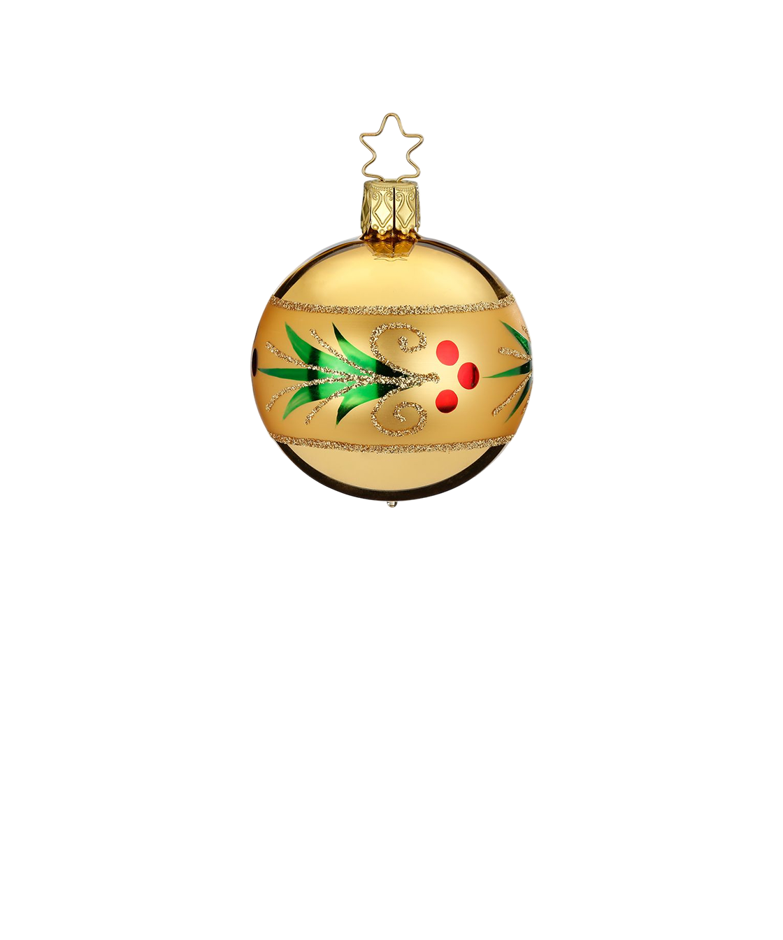 Holly Wreath — Shiny gold glass ornament with glittered red and green holly wreath border, handmade in Germany.