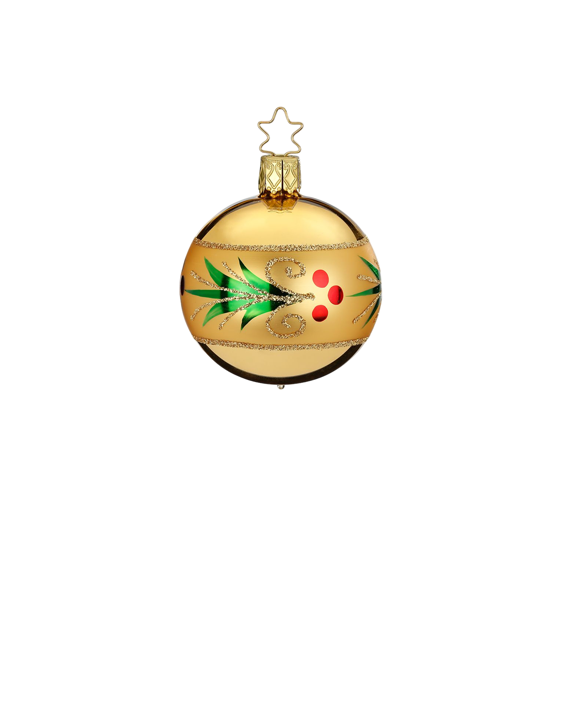 Holly Wreath — Shiny gold glass ornament with glittered red and green holly wreath border, handmade in Germany.