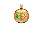Holly Wreath — Shiny gold glass ornament with glittered red and green holly wreath border, handmade in Germany.