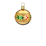 Holly Wreath — Shiny gold glass ornament with glittered red and green holly wreath border, handmade in Germany.