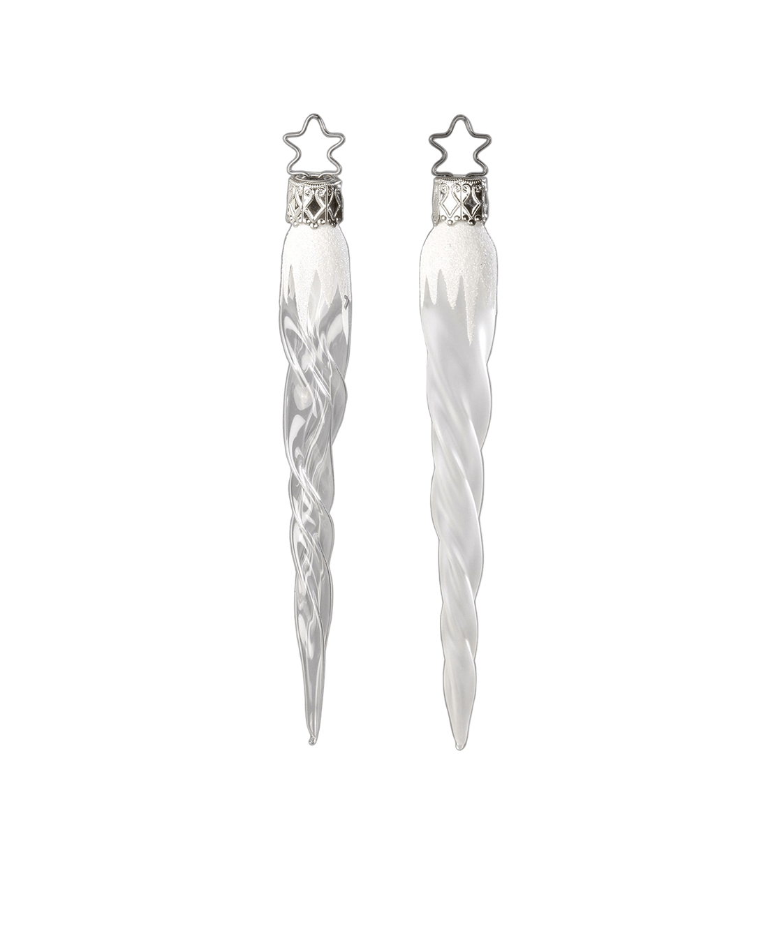 Mini Icicle Ornament — Individual clear or frosted glass icicle ornament with glittered top, handmade in Germany.