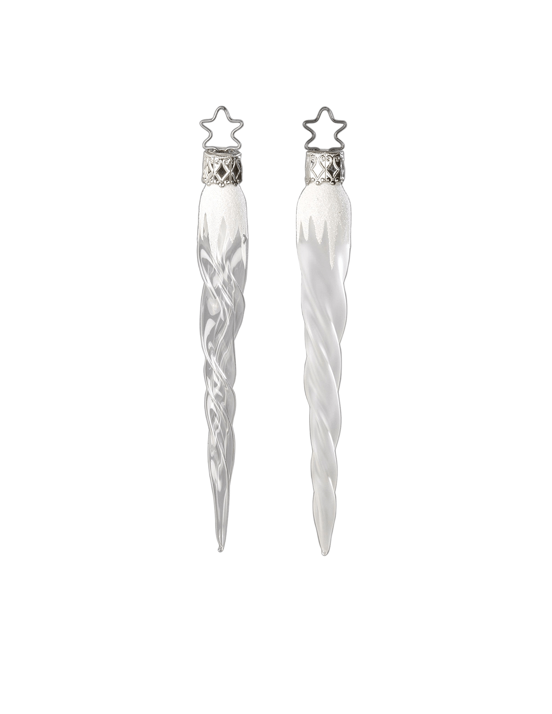 Mini Icicle Ornament — Individual clear or frosted glass icicle ornament with glittered top, handmade in Germany.