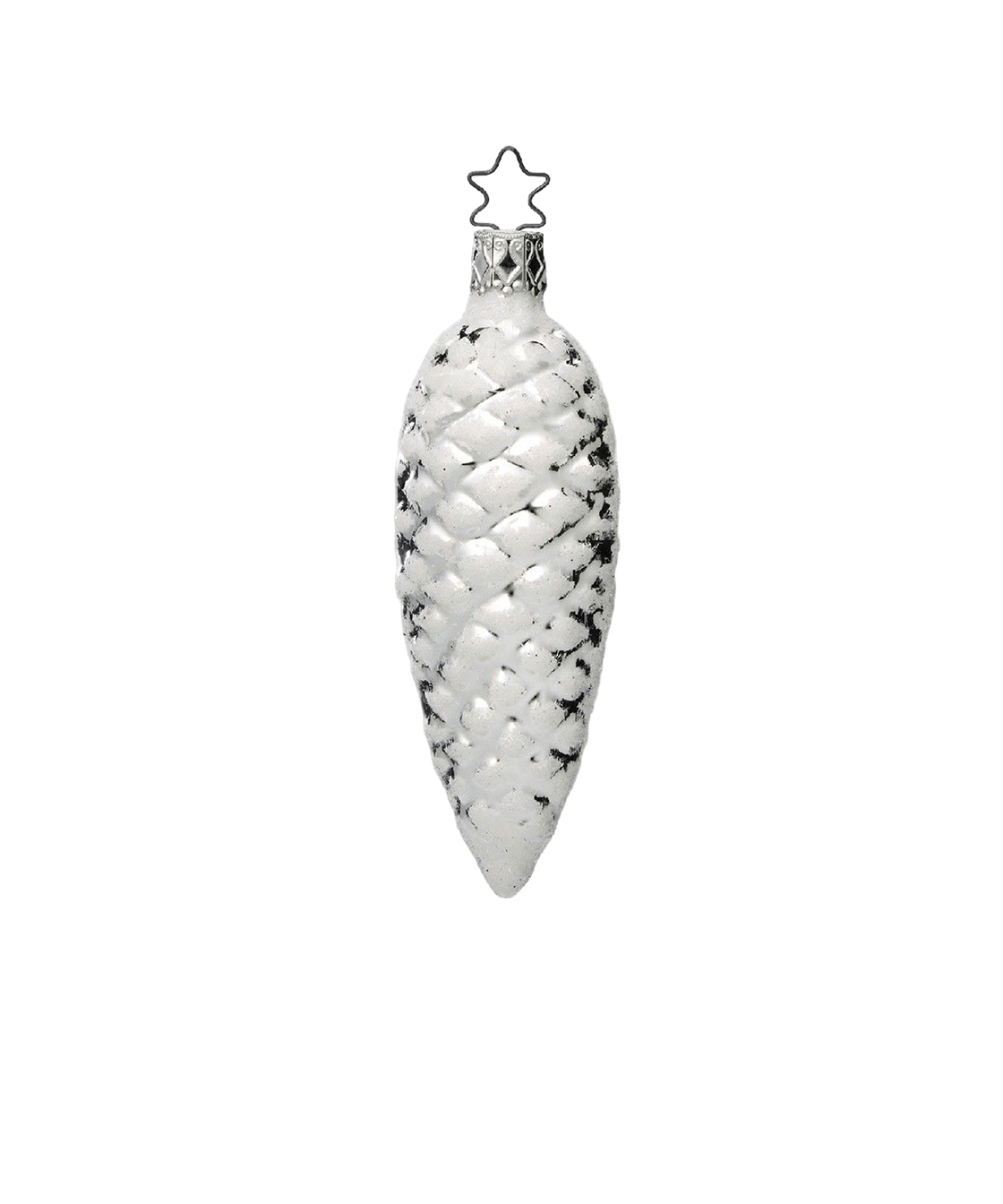 Frosted Pinecone — Silver pinecone glass ornament with snow-dusted glitter finish, mouth-blown in Germany.