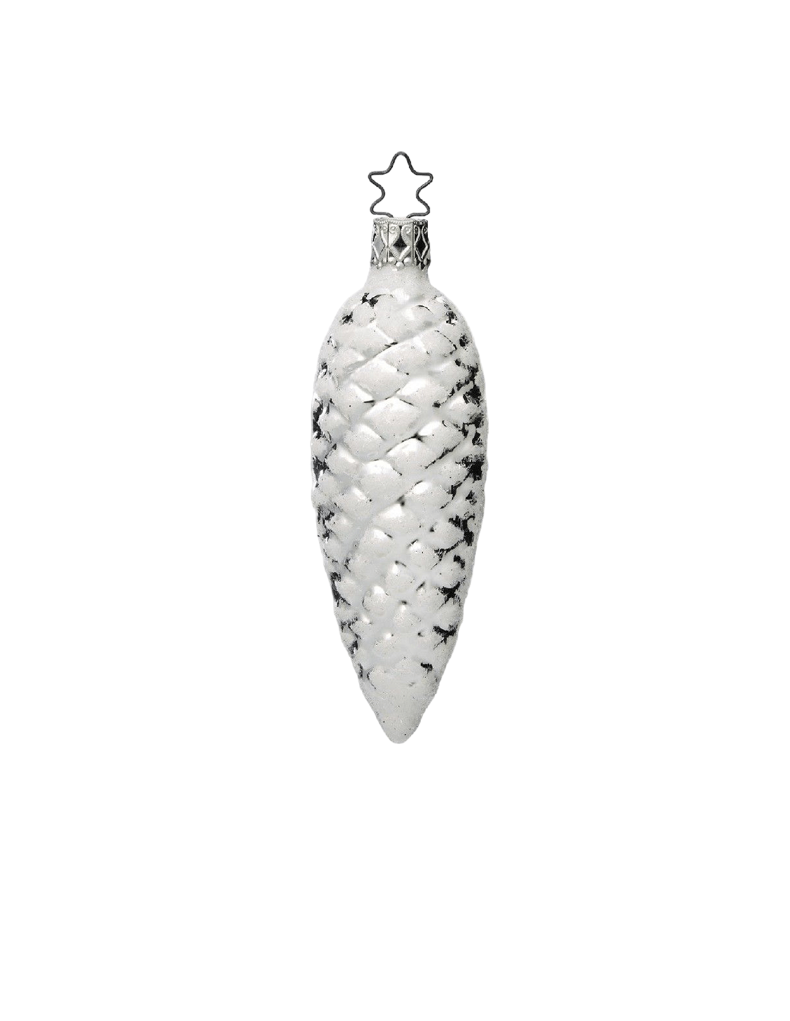 Frosted Pinecone — Silver pinecone glass ornament with snow-dusted glitter finish, mouth-blown in Germany.