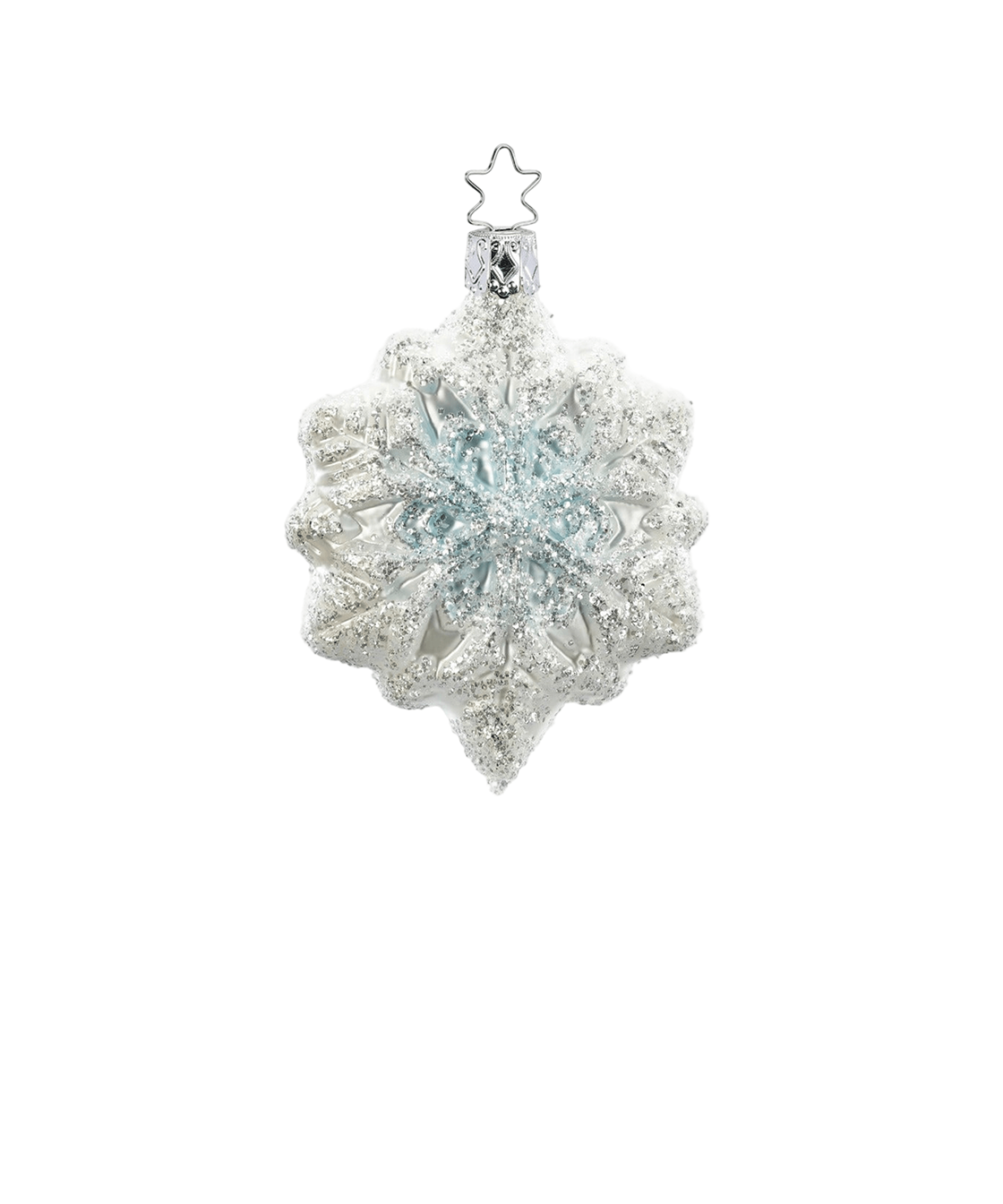 Blue Snowflake — Blue and silver frosted glass snowflake ornament with hand-painted details, made in Germany.