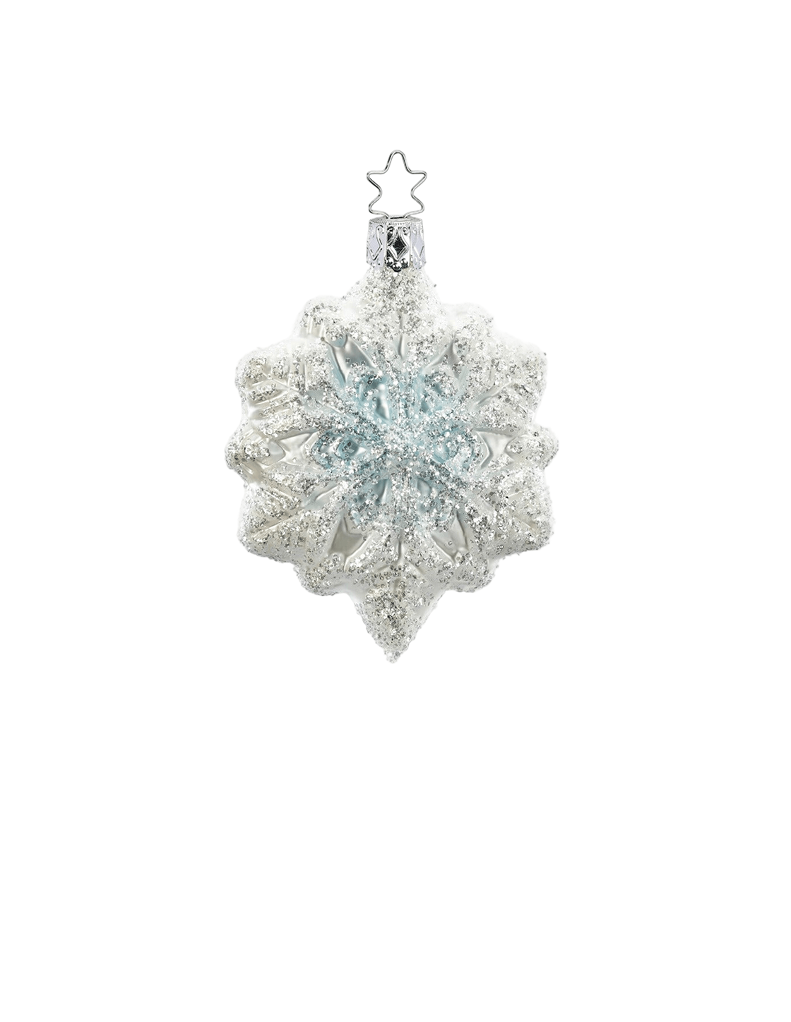 Blue Snowflake — Blue and silver frosted glass snowflake ornament with hand-painted details, made in Germany.
