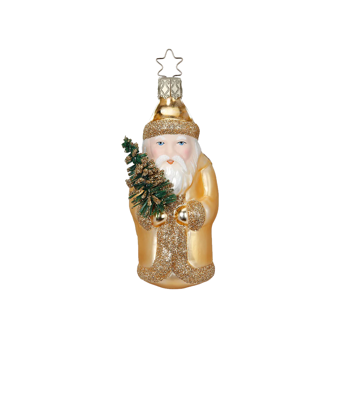 Gold St. Nick — Gold glass St. Nick ornament with hand-painted tree and glittered robes, made by Inge-Glas® Germany.