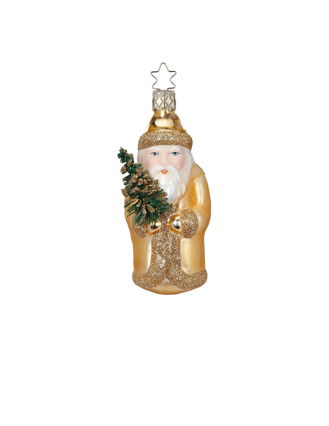 Gold St. Nick — Gold glass St. Nick ornament with hand-painted tree and glittered robes, made by Inge-Glas® Germany.