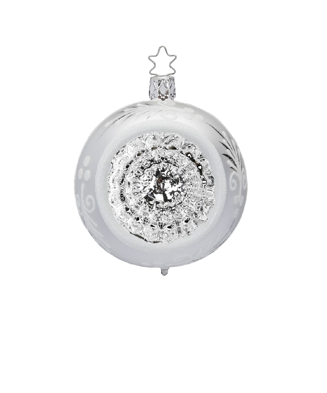 Winter Leaf Reflector — Matte white and silver reflector ornament with hand-painted leaf and berry border.