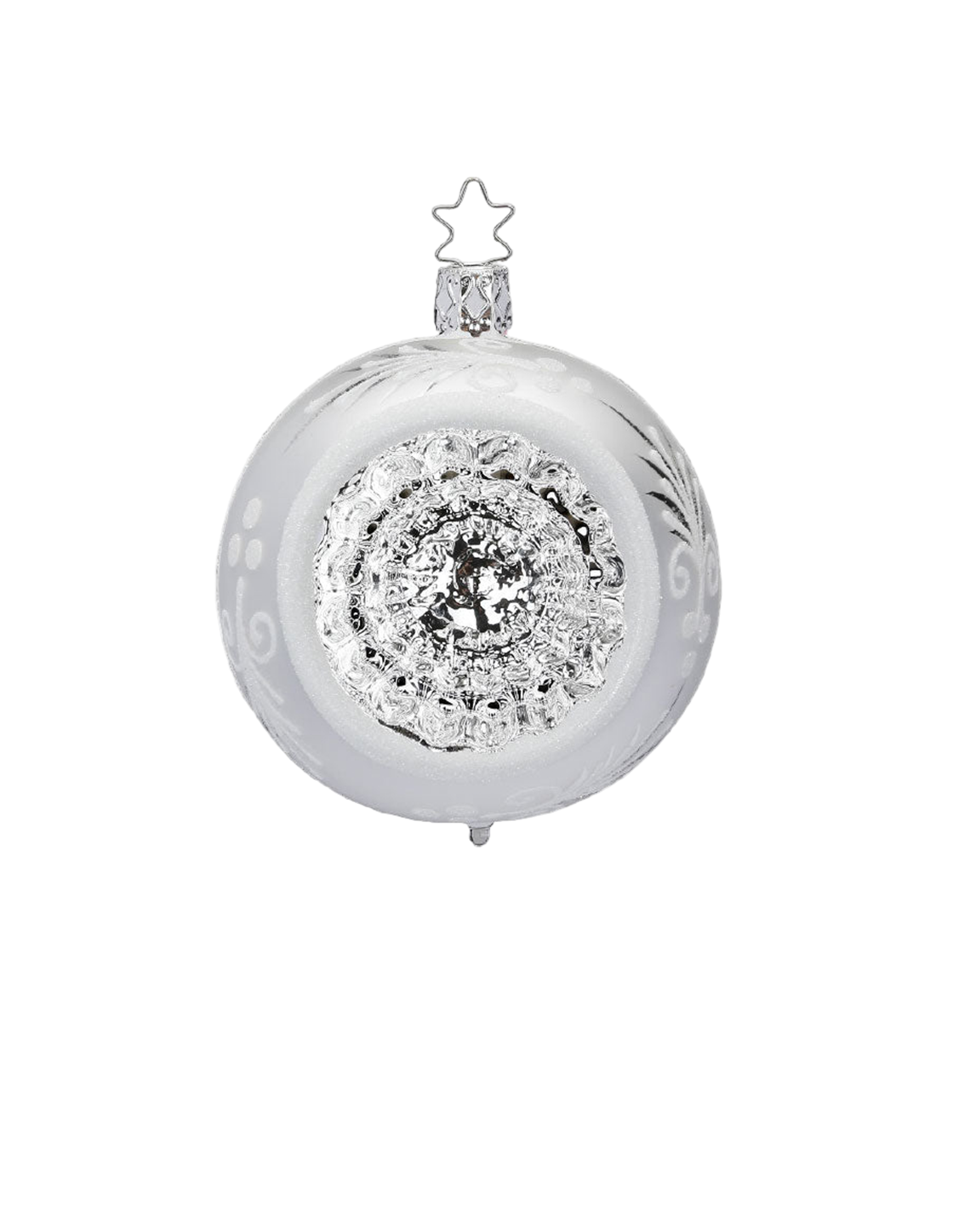 Winter Leaf Reflector — Matte white and silver reflector ornament with hand-painted leaf and berry border.