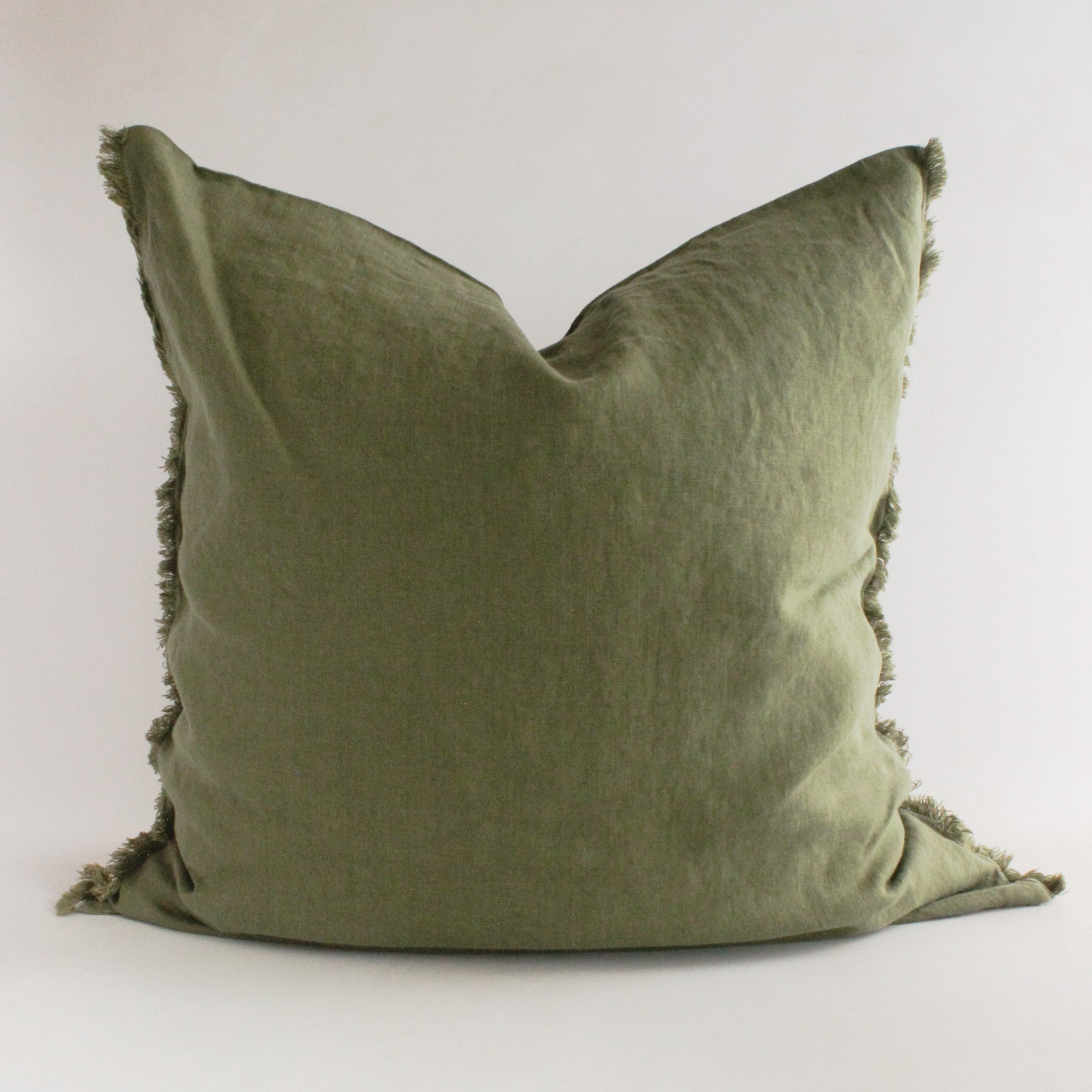 Linen Cushion Cover Olive Fringe 26x26 - Faire Living