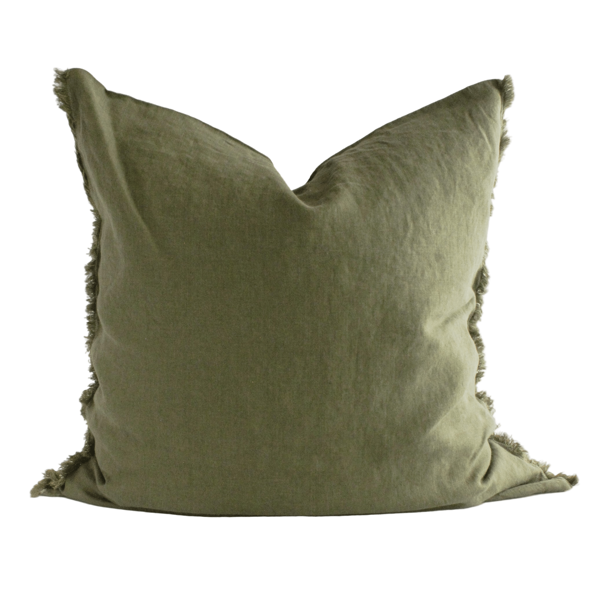 Linen Cushion Cover Olive Fringe 26x26 - Faire Living