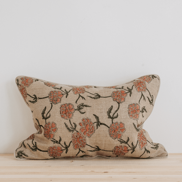 14x20 Marigold Coral Linen Blockprint Pillow Cover