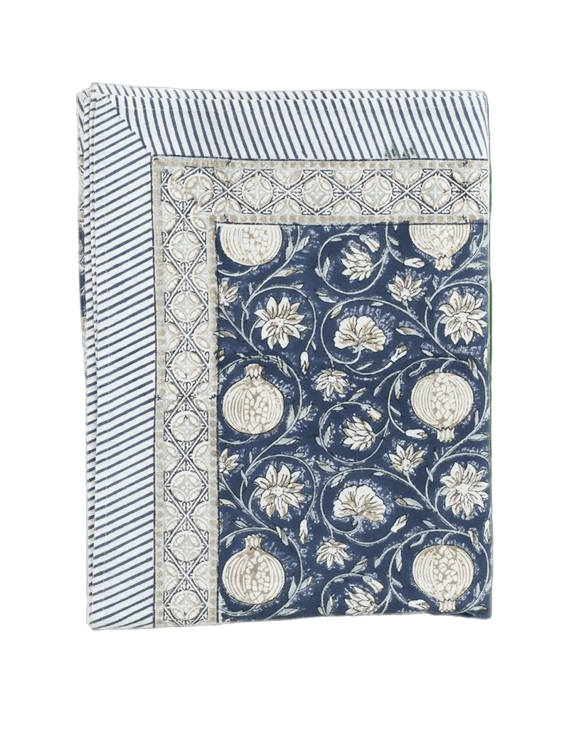 Blue Floral Cotton Block Print Tablecloth