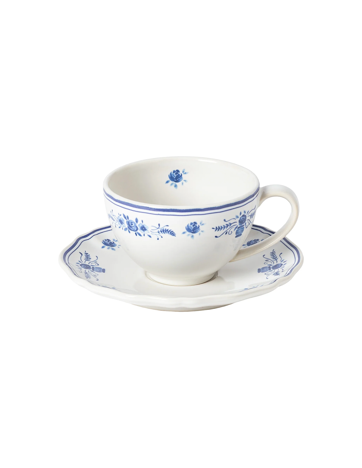 Blue and white floral teacup with matching scalloped saucer