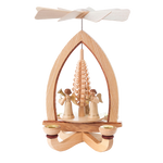 Wooden candle pyramid with trumpeting angels and gold-painted details, Seiffen craftsmanship.