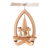Wooden candle pyramid with trumpeting angels and gold-painted details, Seiffen craftsmanship.