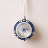 Midnight blue glass reflector ornament with hand-painted blossoms, mouth-blown by Inge-Glas of Lauscha, Germany