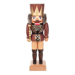 Hand-carved brown wooden nutcracker king with gold accents, made in Seiffen, Germany.