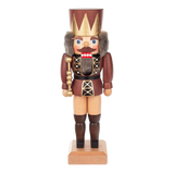 Hand-carved brown wooden nutcracker king with gold accents, made in Seiffen, Germany.