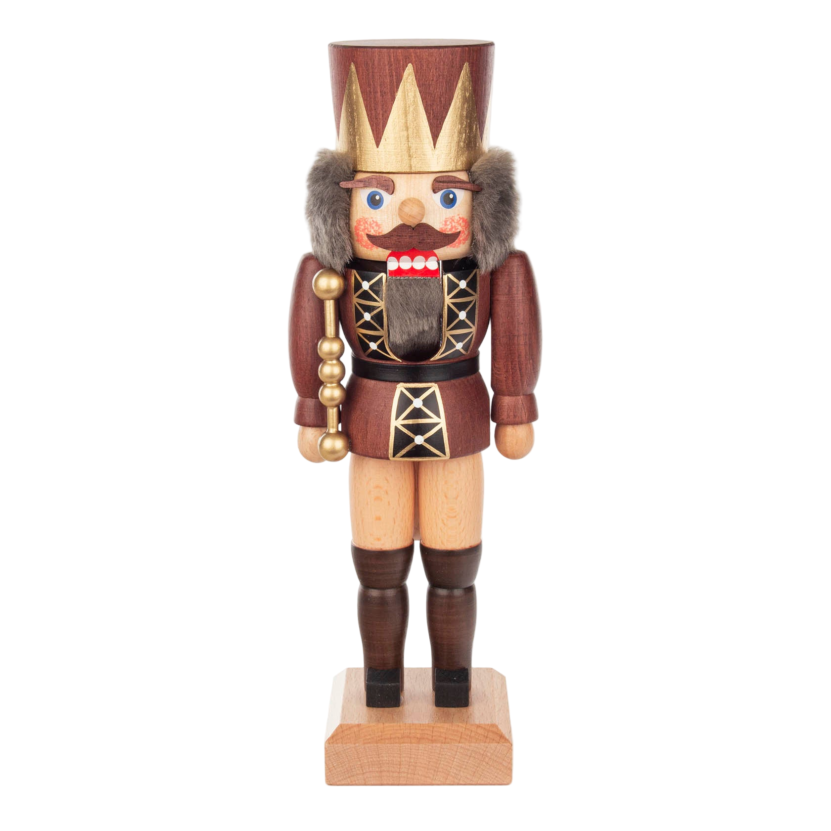 Hand-carved brown wooden nutcracker king with gold accents, made in Seiffen, Germany.