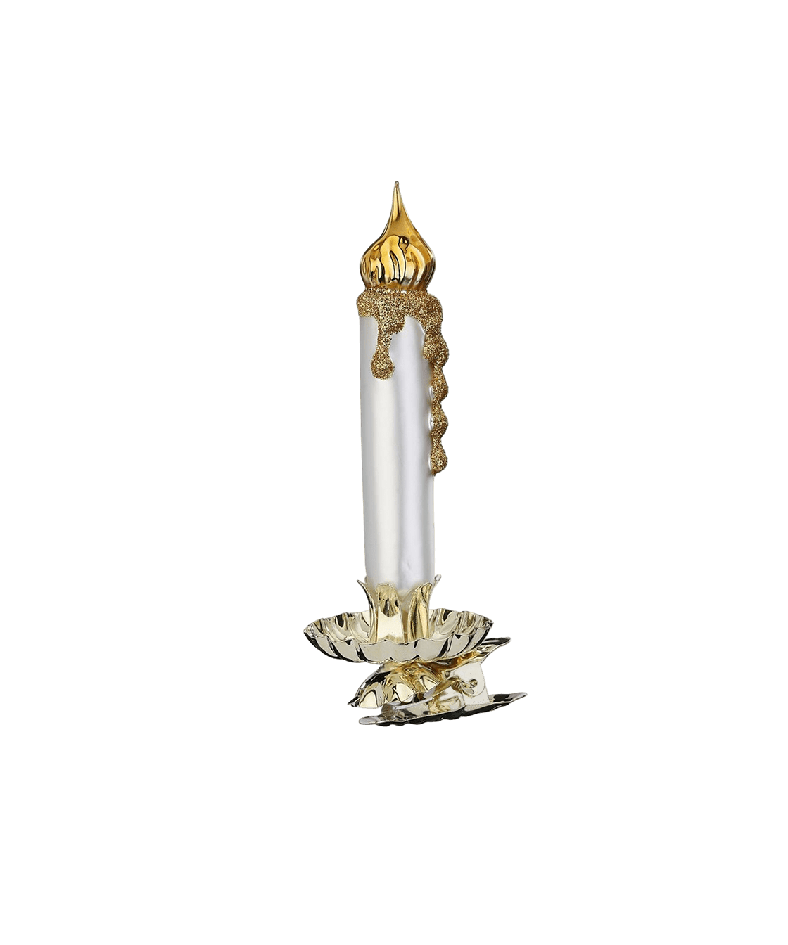 Mouth-blown glass candle ornament on a gold clip base that fastens to a branch, another view