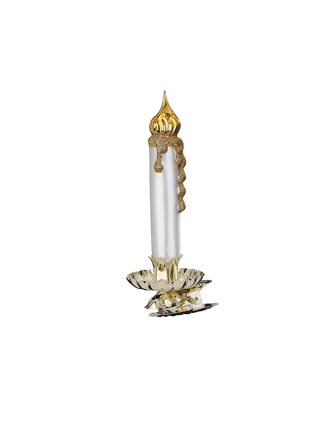 Mouth-blown glass candle ornament on a gold clip base that fastens to a branch, another view