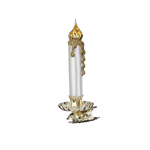 Mouth-blown glass candle ornament on a gold clip base that fastens to a branch, another view