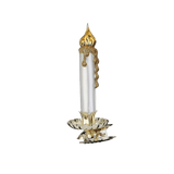Mouth-blown glass candle ornament on a gold clip base that fastens to a branch, another view