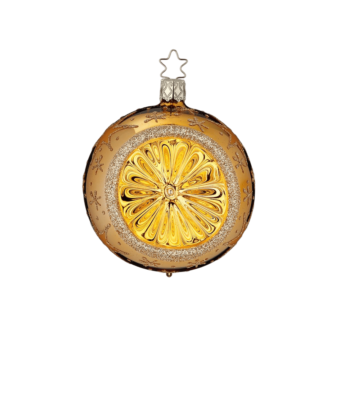 Gold mouth-blown glass ball ornament scattered with glittered stars, another view