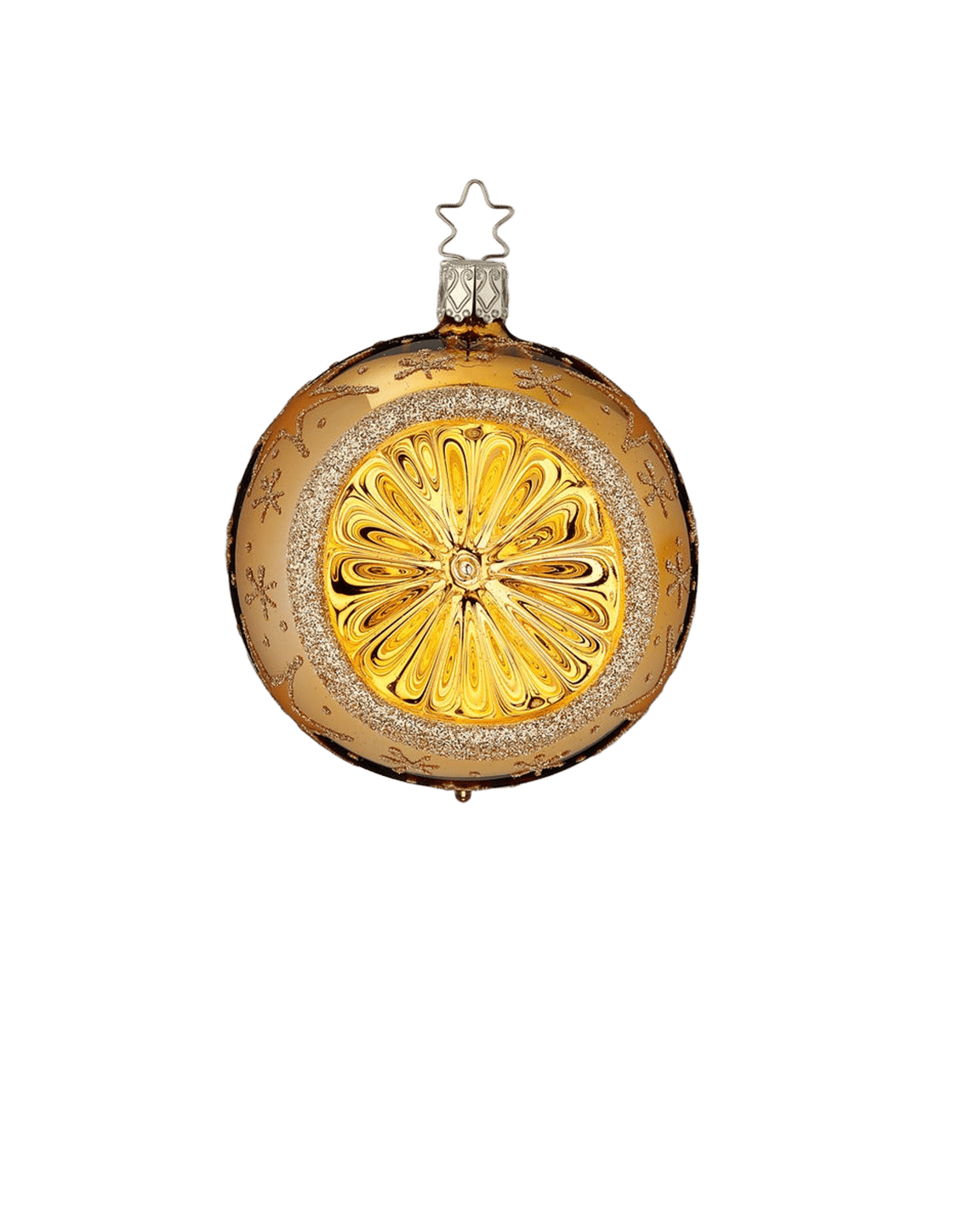 Gold mouth-blown glass ball ornament scattered with glittered stars, another view