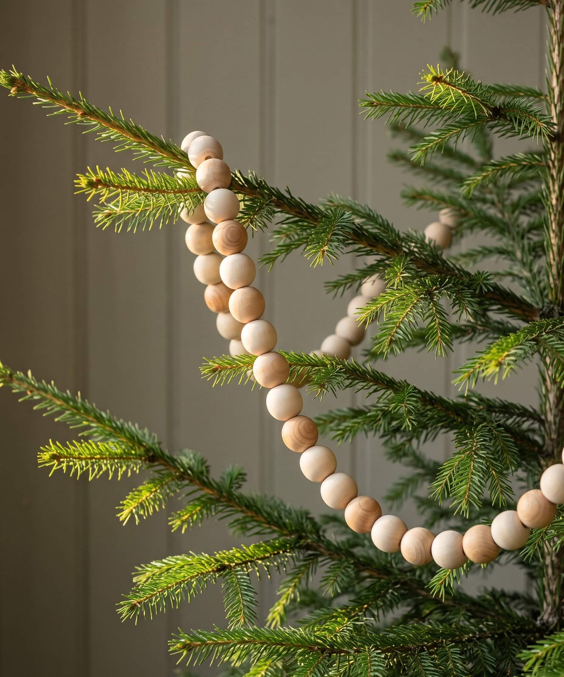 72 inch Celtis wooden beaded garland on jute rope, another view