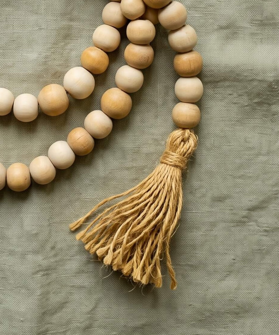 72 inch Celtis wooden beaded garland on jute rope