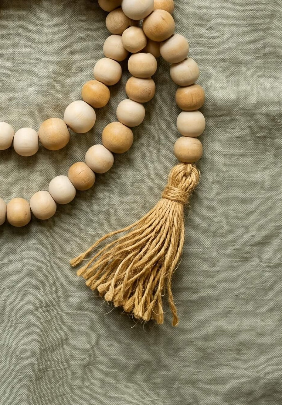72 inch Celtis wooden beaded garland on jute rope
