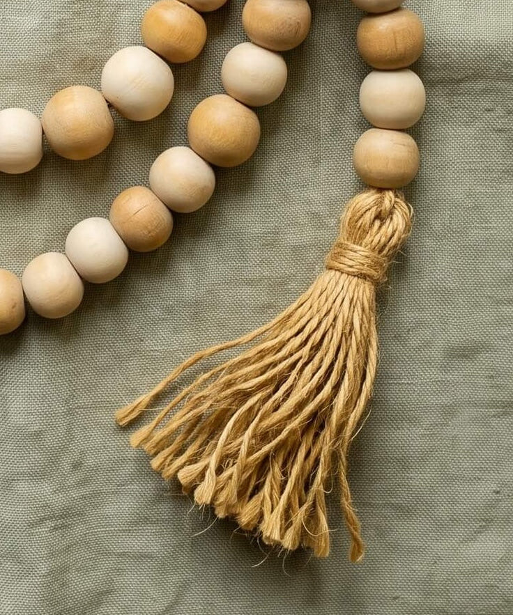 72 inch Celtis wooden beaded garland on jute rope