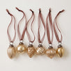 Set of six champagne gold crackle glass Christmas baubles with bronze caps and ribbon hangers, made in India