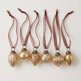 Set of six champagne gold crackle glass Christmas baubles with bronze caps and ribbon hangers, made in India