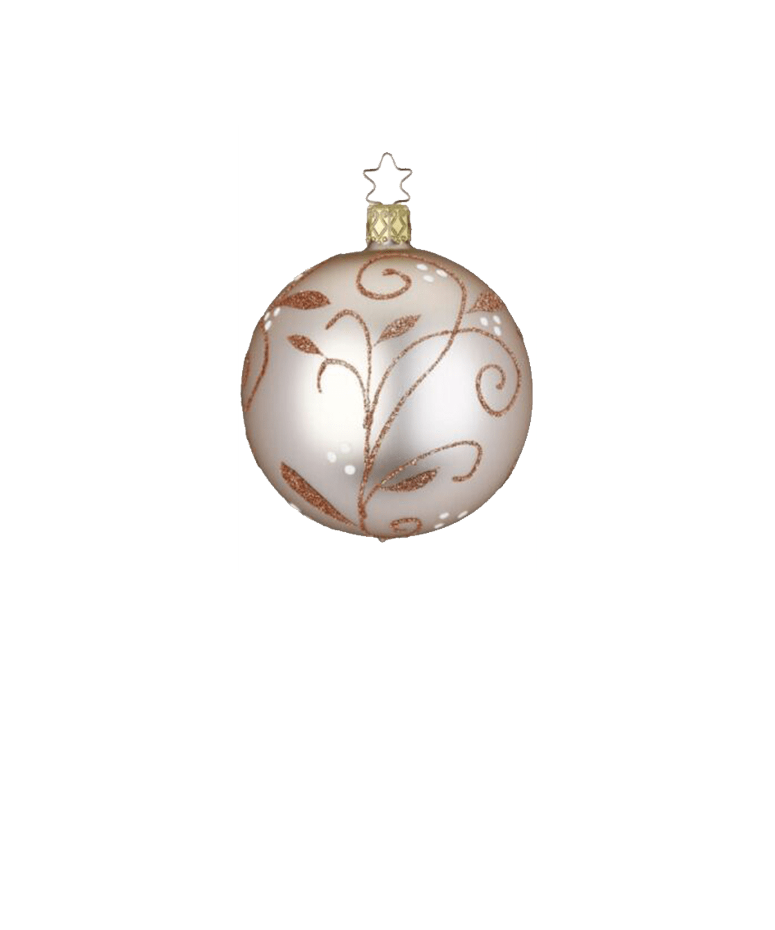 Matte champagne mouth-blown glass ornament with glittered swirls, another view