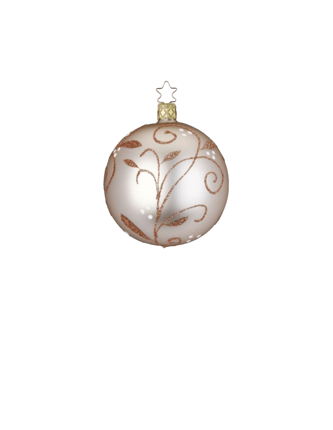 Matte champagne mouth-blown glass ornament with glittered swirls, another view