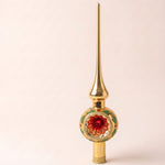 Gold mouth-blown glass Christmas tree topper with hand-painted twinkles and glitter, another view