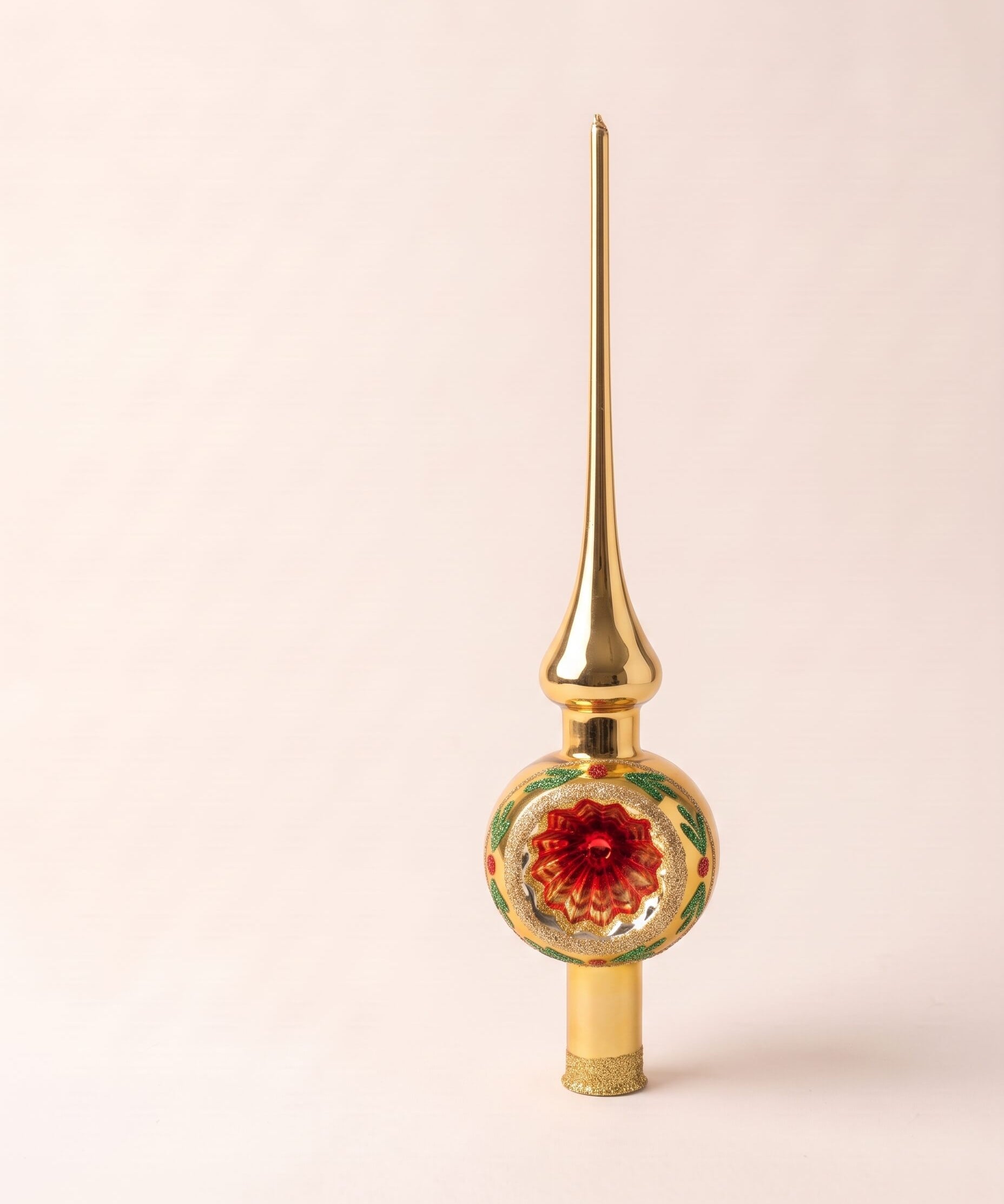 Gold mouth-blown glass Christmas tree topper with hand-painted twinkles and glitter, another view