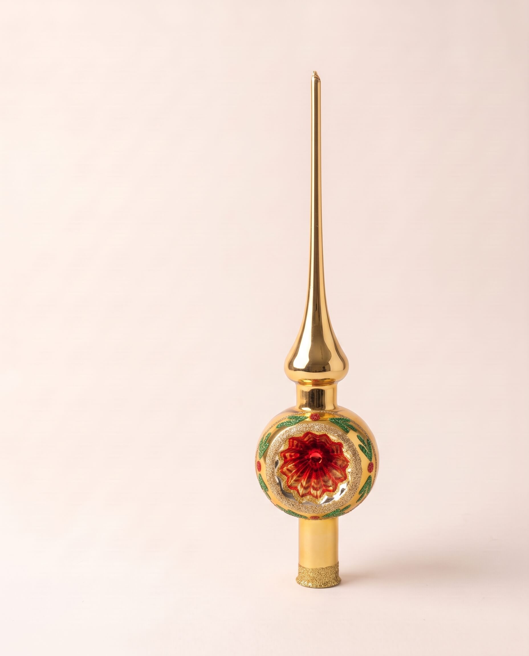 Gold mouth-blown glass Christmas tree topper with hand-painted twinkles and glitter, another view