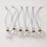 Set of six clear crackle glass Christmas baubles with bronze caps and ribbon hangers, made in India