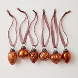 Set of six copper crackle glass Christmas baubles with bronze caps and ribbon hangers, made in India