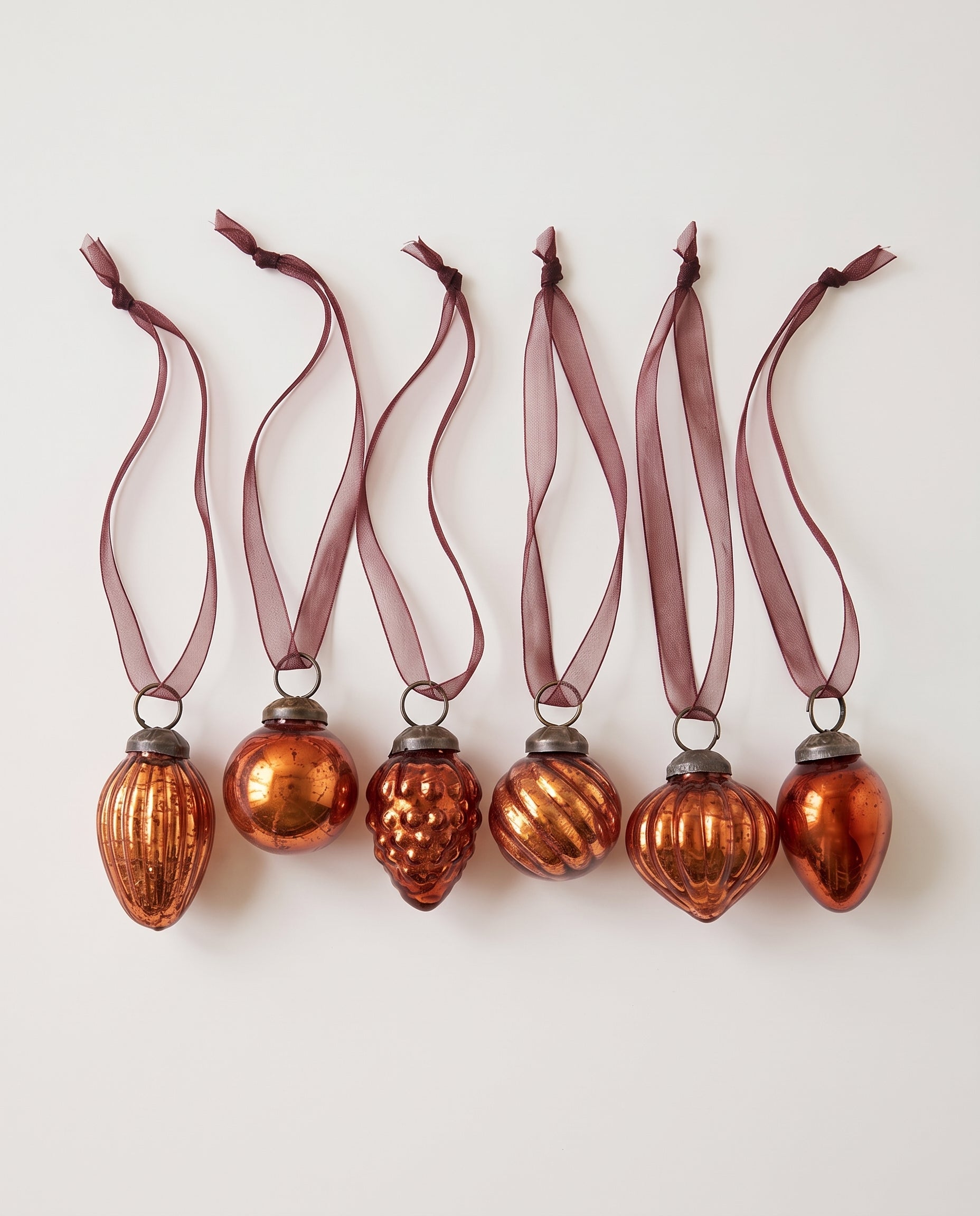 Set of six copper crackle glass Christmas baubles with bronze caps and ribbon hangers, made in India