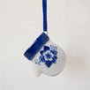 Delft blue hand-painted porcelain mitten ornament on a blue satin ribbon, made in Delft, Netherlands