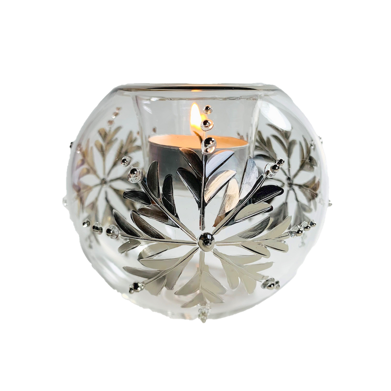 Silver Snowflake Egyptian Glass Votive Holder 4"