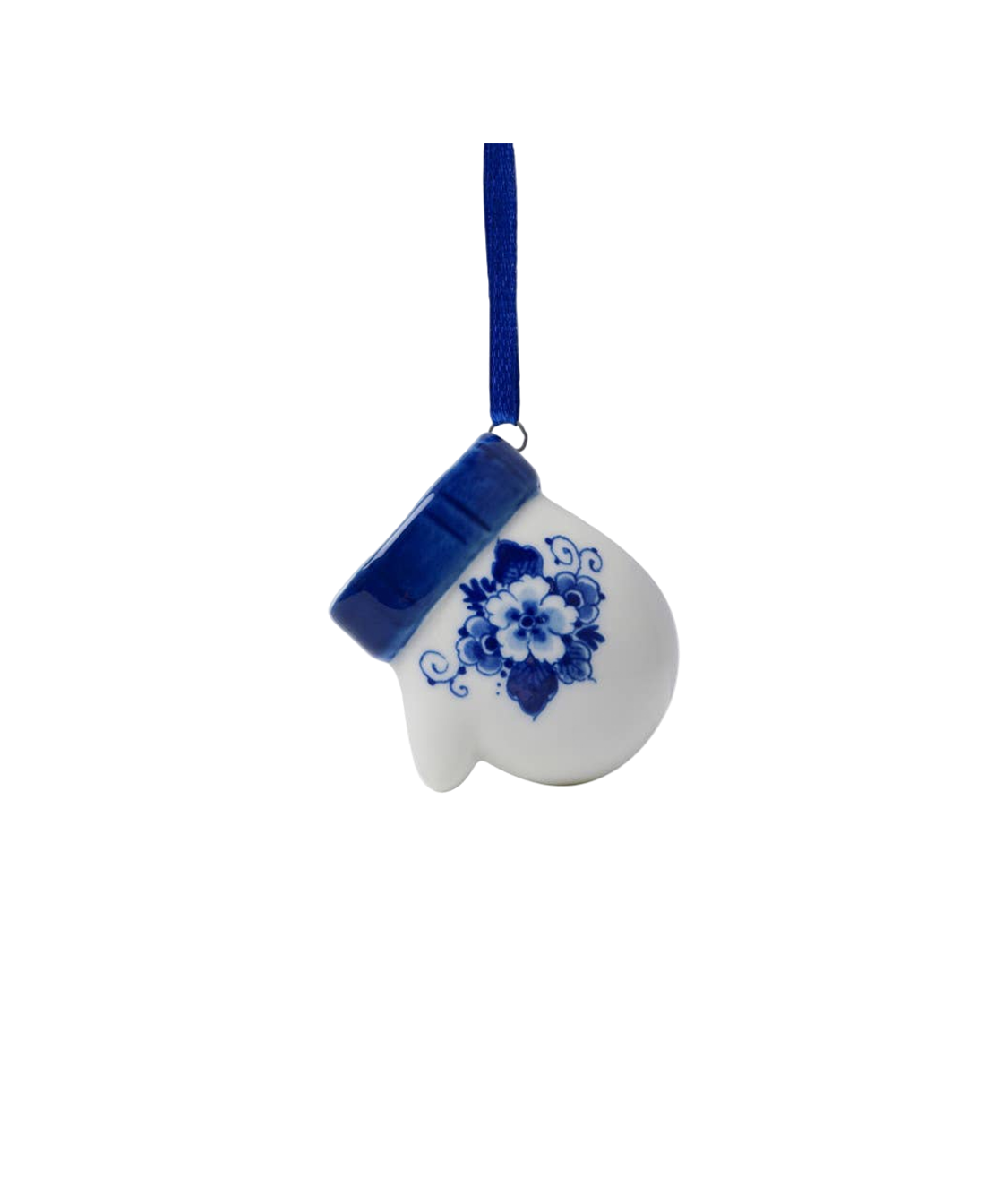 Hand-painted Delft Blue floral porcelain mitten ornament with blue ribbon